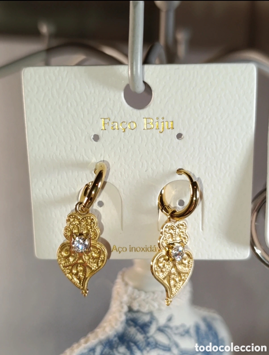 Joyeria: Pendientes acero dorado y circonitas Corazon de Viana. Fa&ccedil;o Biju