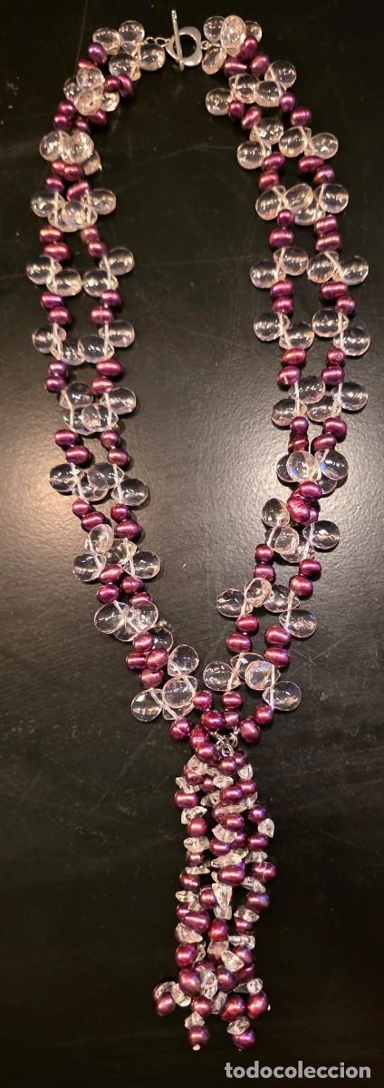 Joyeria: Collar vintage de perlas moradas y cuentas transparentes tipo cuarzo con cascada &ndash; 35 cm