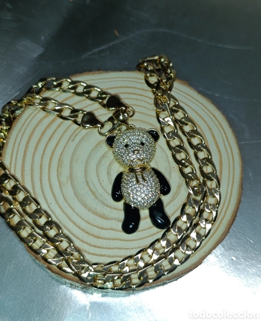 Joyeria: Collar cadena cubana con oso oro laminado y circonitas 56 cms. Xuping