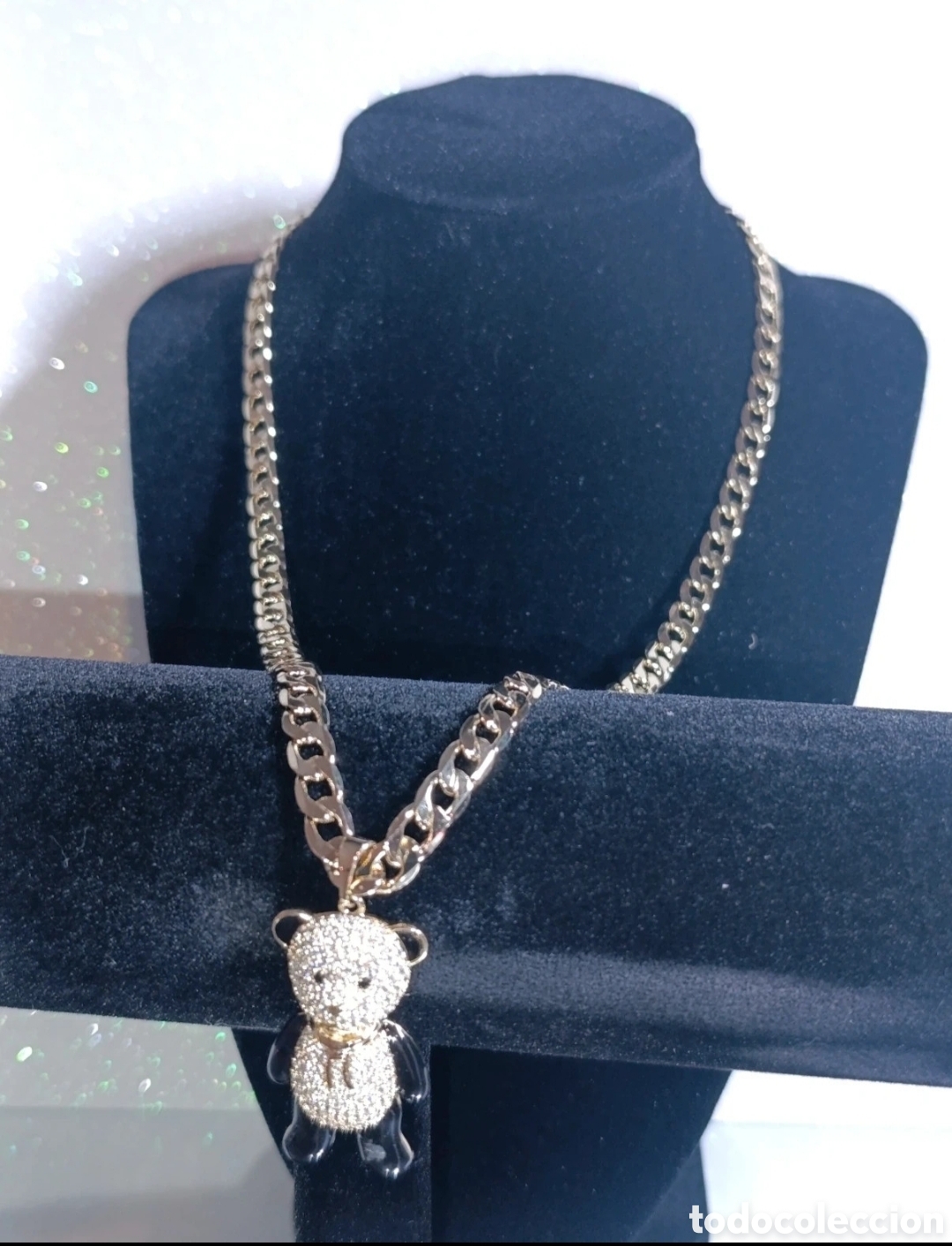 Joyeria: Collar cadena cubana con oso oro laminado y circonitas 56 cms. Xuping
