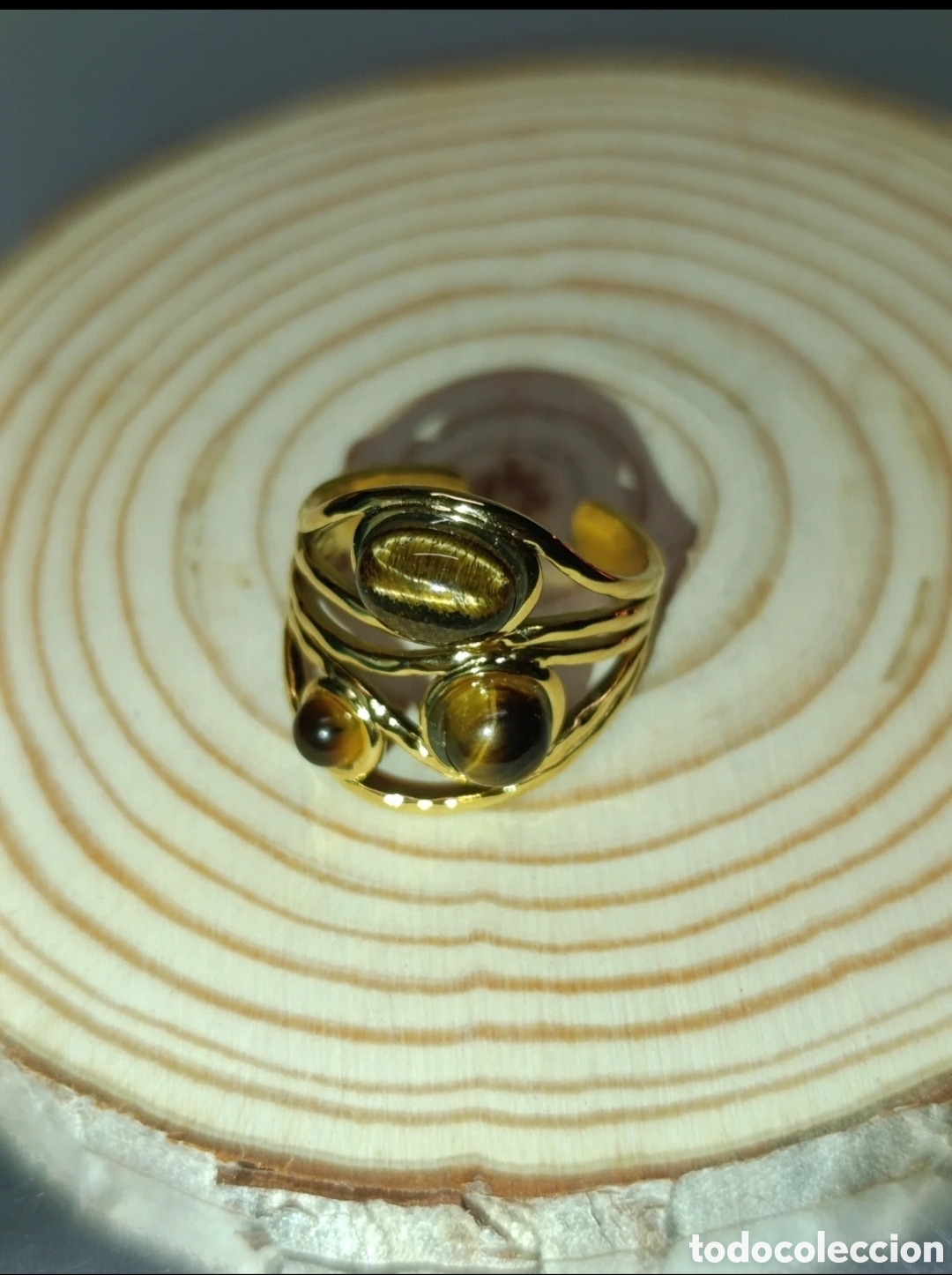 Joyeria: Anillo ajustable acero dorado Ojo de Tigre talla 8