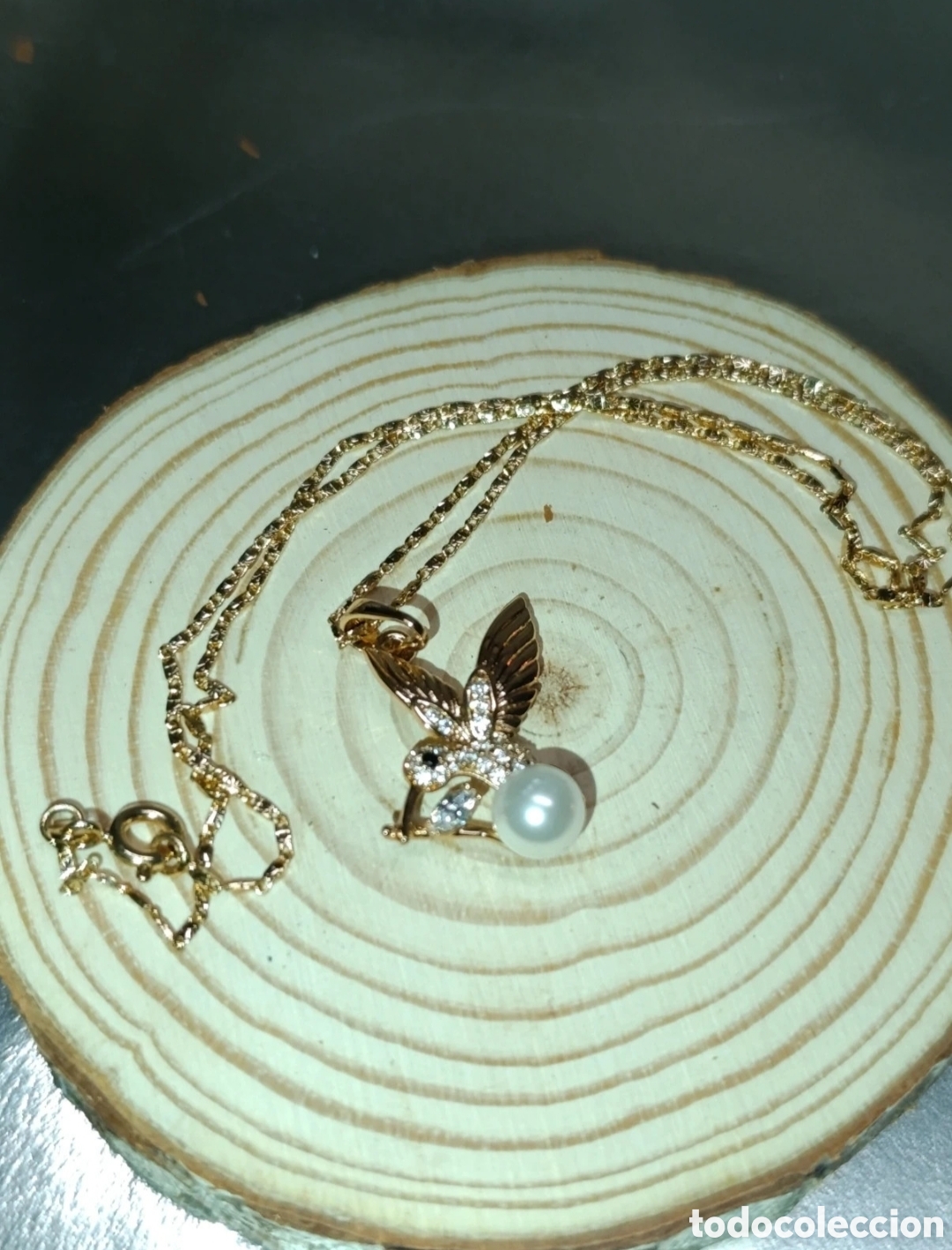 Joyeria: Collar oro laminado Colibri circonitas y perla sintetica Xuping 46 cms