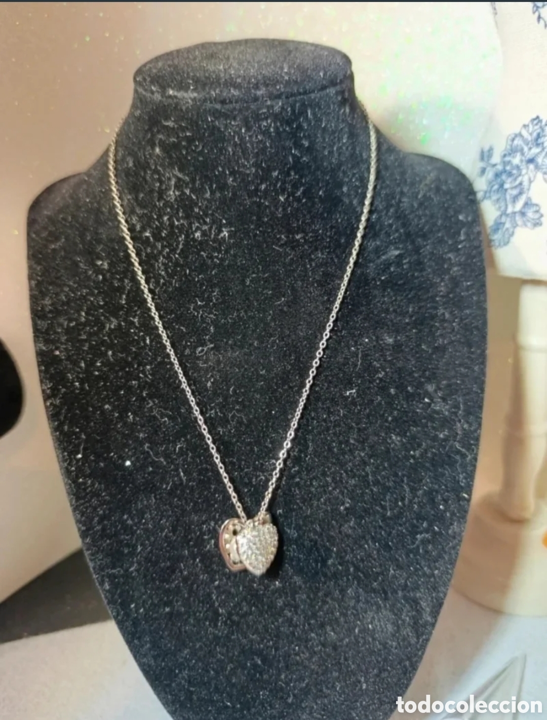 Joyeria: Collar acero plateado doble corazon circonitas y perla sintetica 48 cms