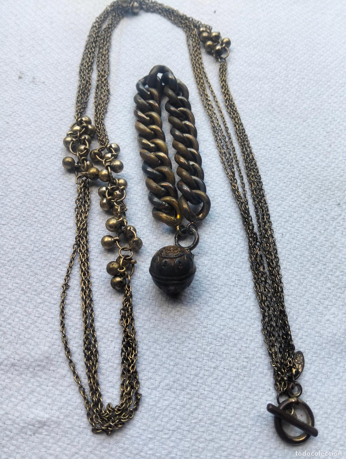 Joyeria: Collar y pulsera vintage bisuter&iacute;a metal color dorado cadenas bola sonajero conjunto a&ntilde;os 40-50