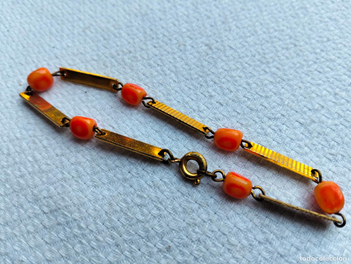 Schmuck: Pulsera vintage metal color dorado piedrecitas naranjas pulserita ni&ntilde;a chica bisuter&iacute;a a&ntilde;so 60