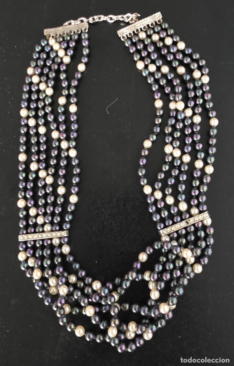 Joyeria: Collar vintage ajustable de 6 hilos con perlas negras irisadas y blancas &ndash; separadores con pedrer&iacute;a
