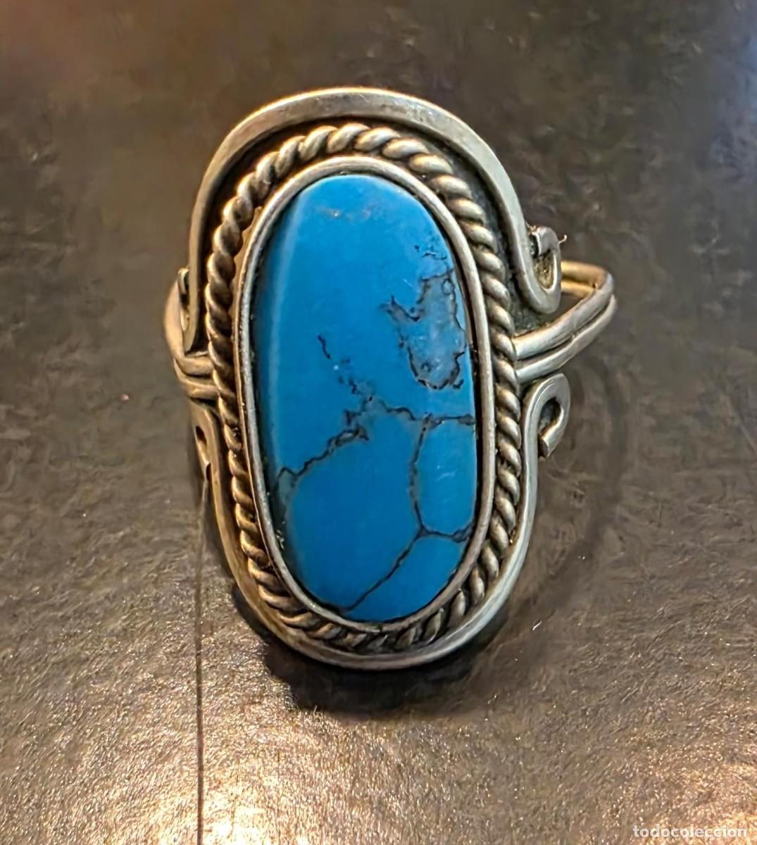Joyeria: Anillo vintage ajustable estilo boho con gran cabuj&oacute;n azul turquesa y montura trenzada