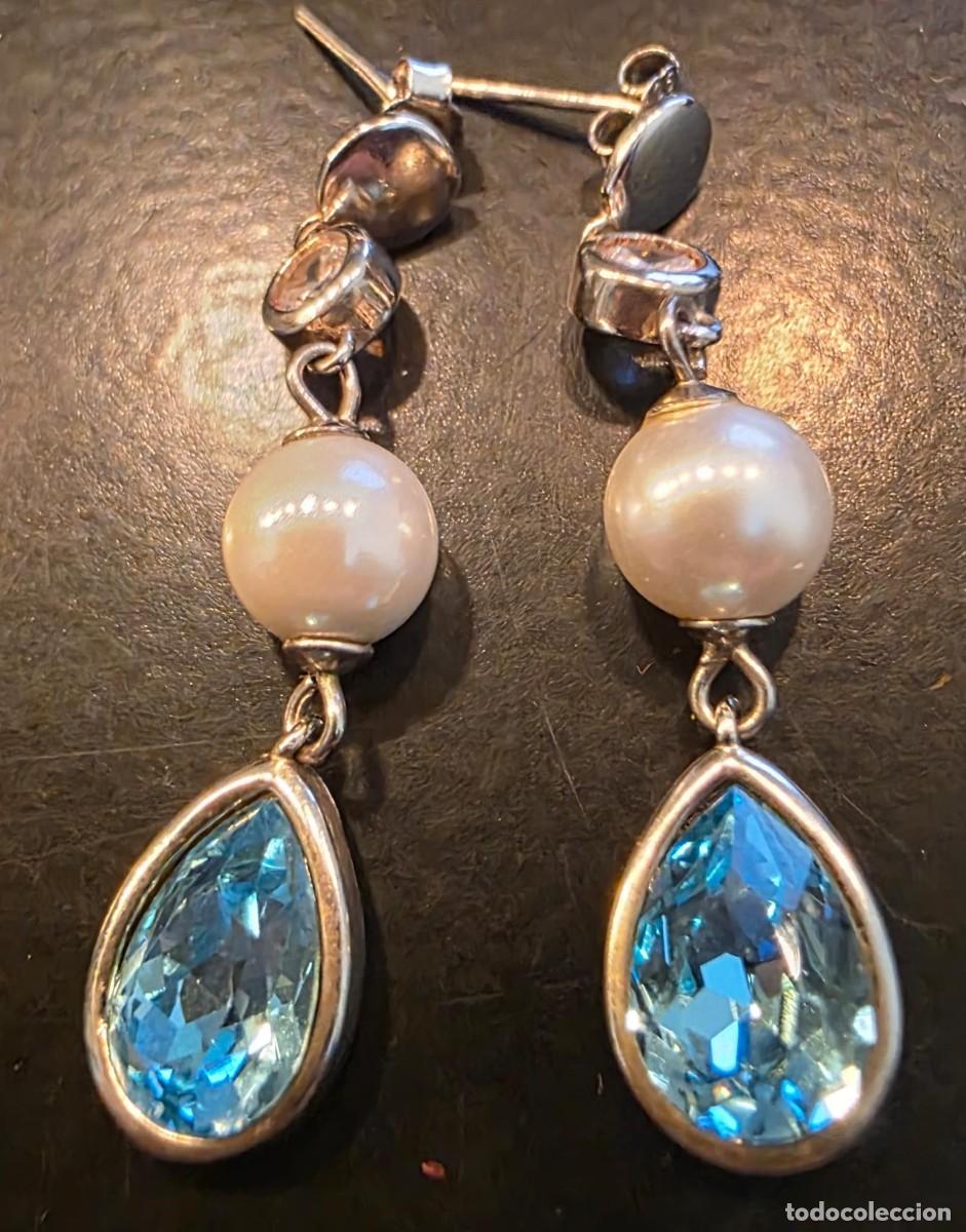 Joyeria: Pendientes largos de plata de ley 925 con perlas y cristales azul cielo talla l&aacute;grima &ndash; 4 cm