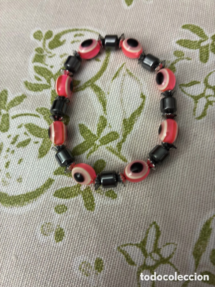 Joyeria: Pulsera El&aacute;stica Ojos Turcos / Ojos de la Suerte Rosas y Cuentas de Hematita - Amuleto de Protecci&oacute;n