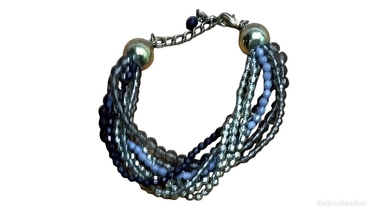 Joyeria: PULSERA VINTAGE - MULTIVUELTA DE CUENTAS EN TONOS AZUL, GRIS Y LILA - BOLAS DORADAS - CIERRE DE MOSQ