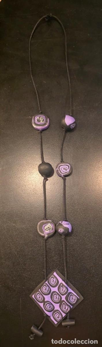 Joyeria: Collar Largo Artesanal Negro y Lila con Colgante Rombo Geom&eacute;trico &ndash; Estilo &Eacute;tnico Boho &ndash; 43 cm