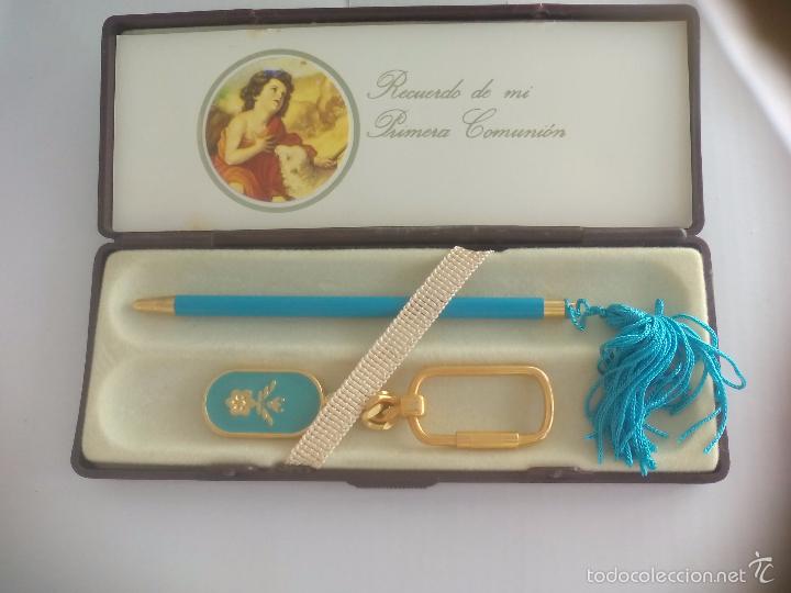 Stylos-bille anciens: Estuche con peque&ntilde;o boligrafo y llavero. recuerdo de mi primera comuni&oacute;n