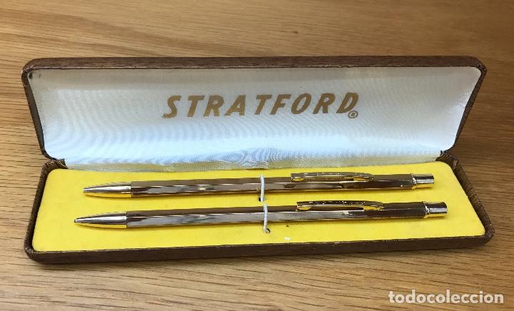 Bol&iacute;grafos antiguos: Stratford - Antiguo juego de bol&iacute;grafo y portaminas dorados con su estuche