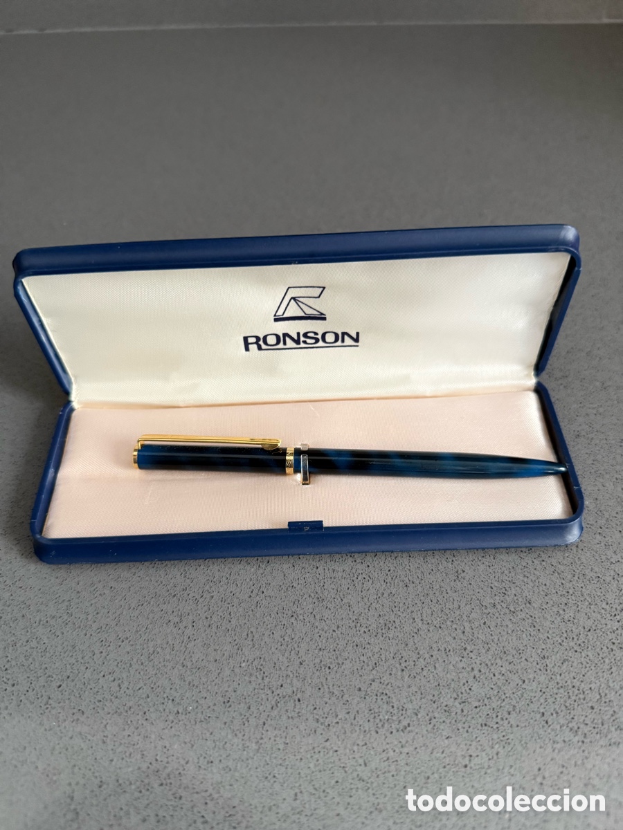Bol&iacute;grafos antiguos: ANTIGUO BOLIGRAFO ALEMAN RONSON - GERMANY RONSON COLOR AZUL MARMOL DORADO CON CAJA VINTAGE