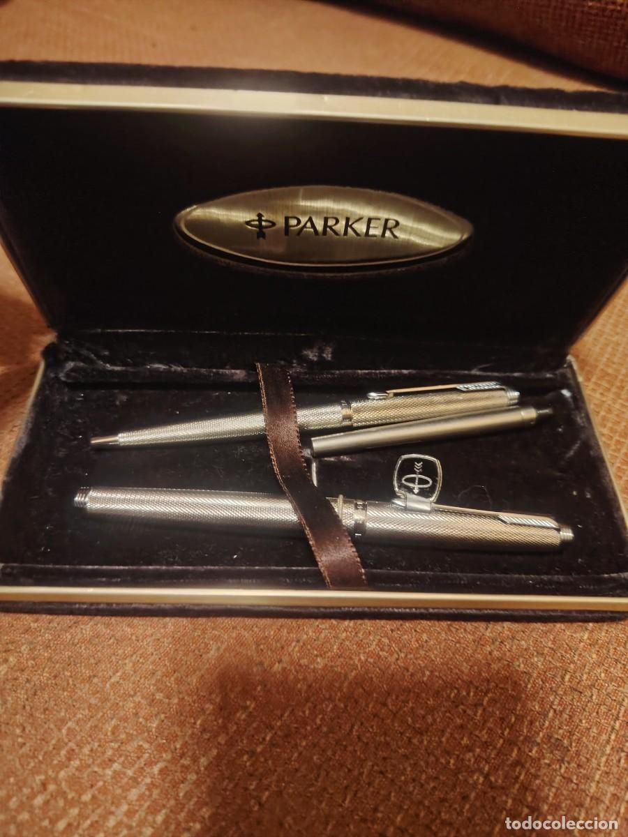 Bol&iacute;grafos antiguos: Antiguo Set Escritura Parker 75 Cisel&eacute; Plata de Ley - Con Caja y Rara Etiqueta Original - Made in Fr