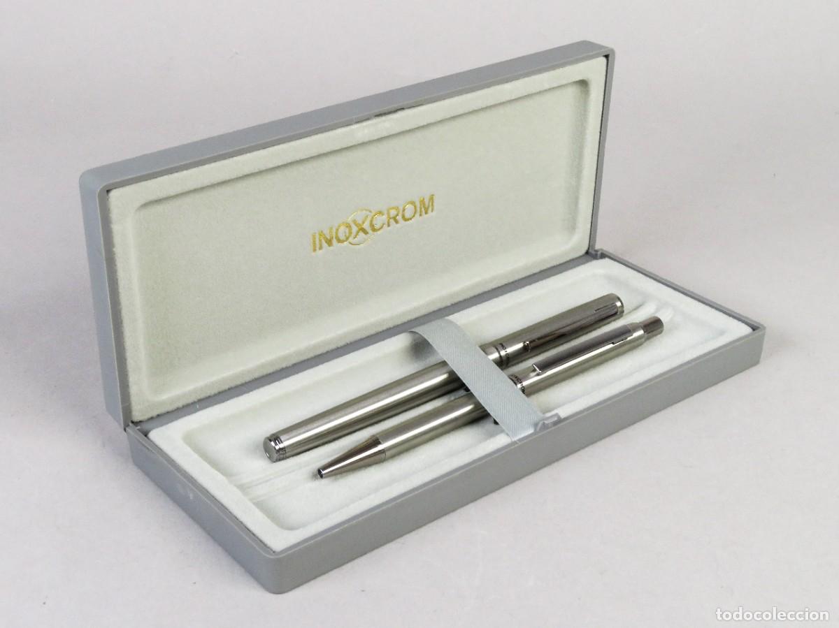 Bol&iacute;grafos antiguos: Juego de escritura Inoxcrom con bol&iacute;grafo y pluma con su estuche siglo XX
