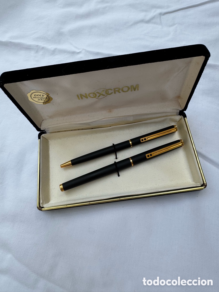 Bol&iacute;grafos antiguos: Juego Inoxcrom Pluma Estilogr&aacute;fica y Bol&iacute;grafo 24K Estuche Original