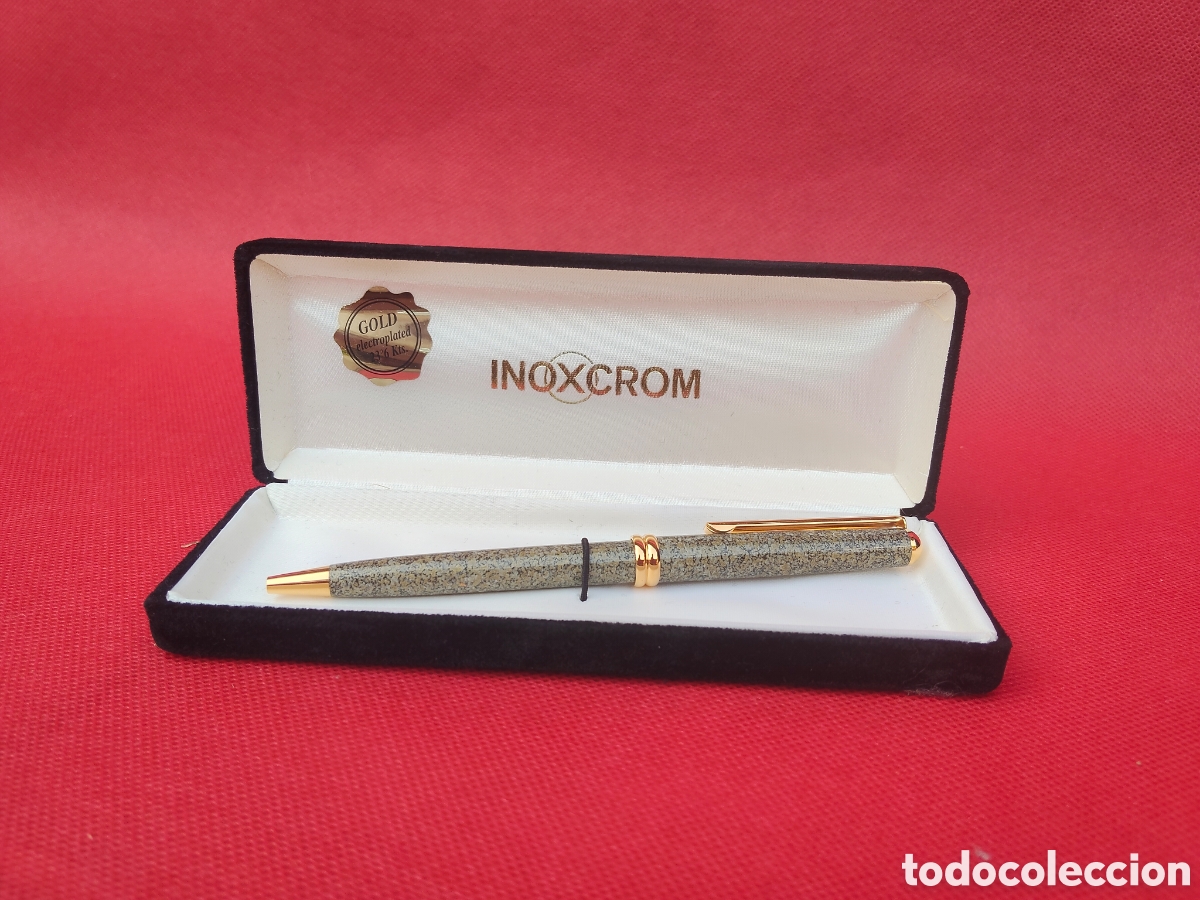 Bol&iacute;grafos antiguos: Bol&iacute;grafo INOXCROM Vintage Plateado/M&aacute;rmol y Oro 23.6 Kts. Con Estuche Original y Sello de Garant&iacute;a.