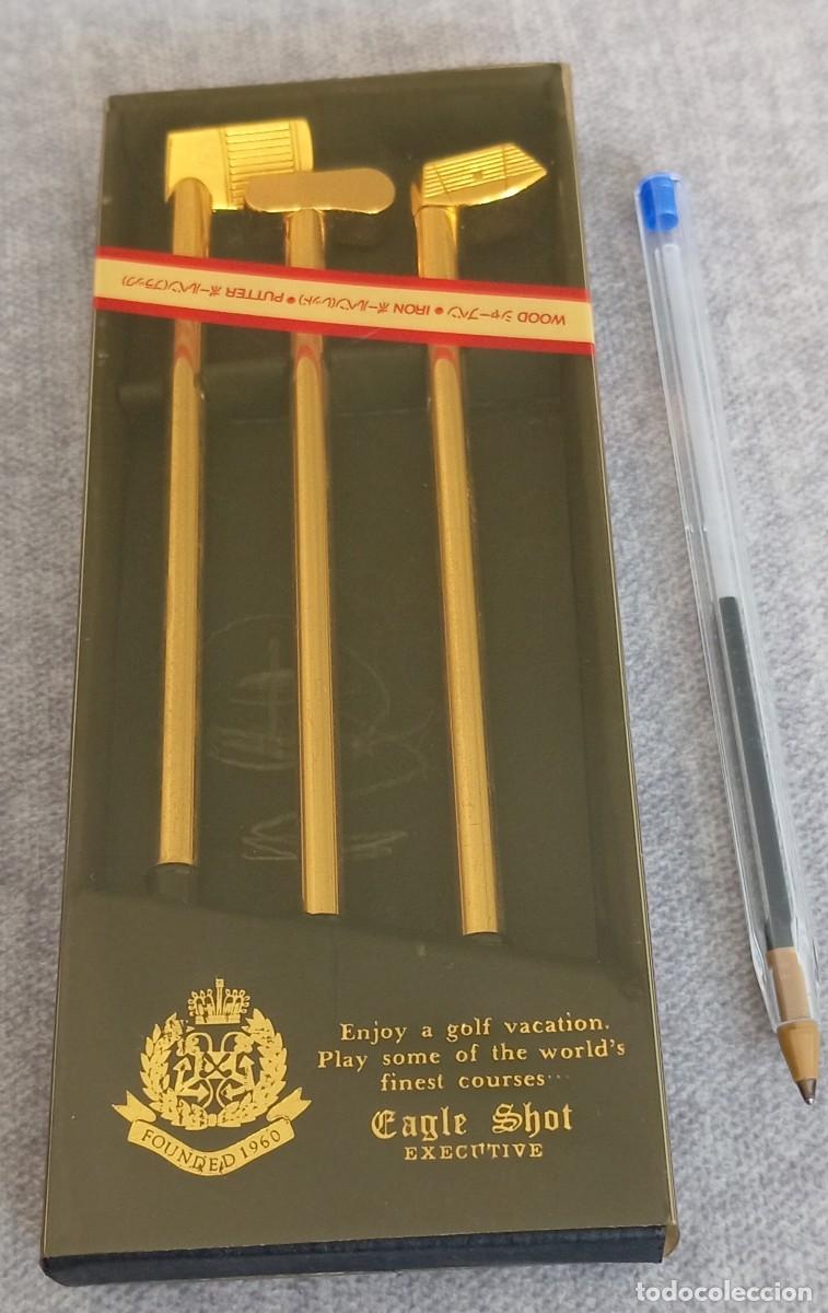 Bol&iacute;grafos antiguos: Juego bol&iacute;grafos y portaminas/lapicero palos de golf dorados. Jap&oacute;n.