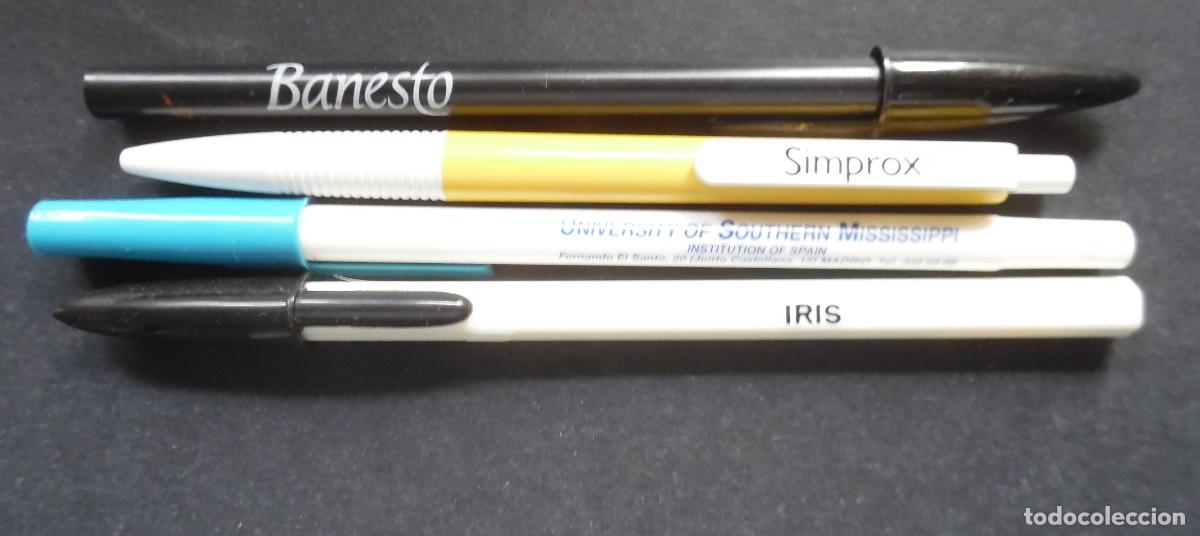 Esferogr&aacute;ficas antigas: Lote 4 Bol&iacute;grafos publicitarios Vintage A&ntilde;os 80 - 90 (Banesto, Simprox, Iris, Univ. Mississippi)
