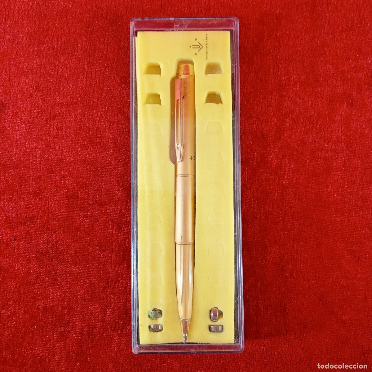 Bol&iacute;grafos antiguos: BOL&Iacute;GRAFO VINTAGE EN METALICO DORADO - UNIVERSIDAD DE LLEIDA - LASER INTERNO - 13 CM