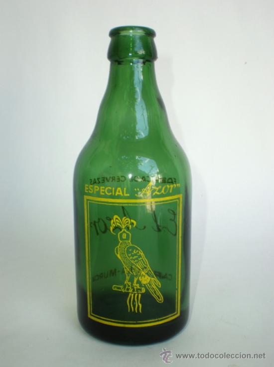 Botellas antiguas: Botella CERVEZA *EL AZOR* ESPECIAL, TERCIO, CRISTAL VERDE, CARTAGENA -MURCIA- SERIGRAFIA PERFECTA