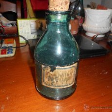 Botellas antiguas: CURIOSA BOTELLA SUPONGO FARMACIA O TIENDA, CRISTAL OSCURO MUY IREGULAR. Lote 50551060