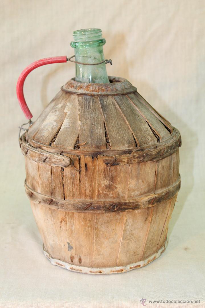 Botellas antiguas: BOTELLA DE CRISTAL VERDE FORRADA DE MADERA - Foto 4