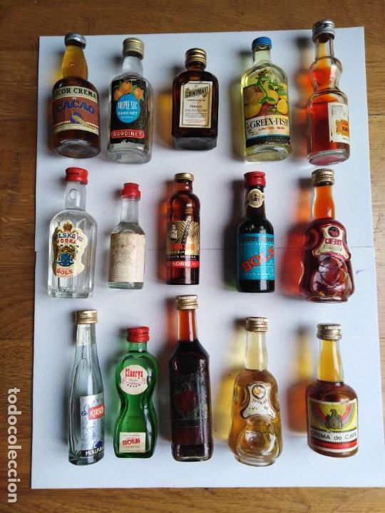 Botellas antiguas: Lote 15 botellas miniatura variadas - Foto 1