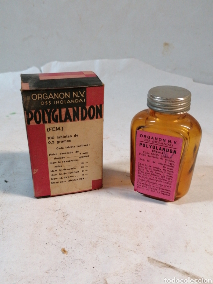 Botellas antiguas: Botella y caja Polyglandon - Foto 1