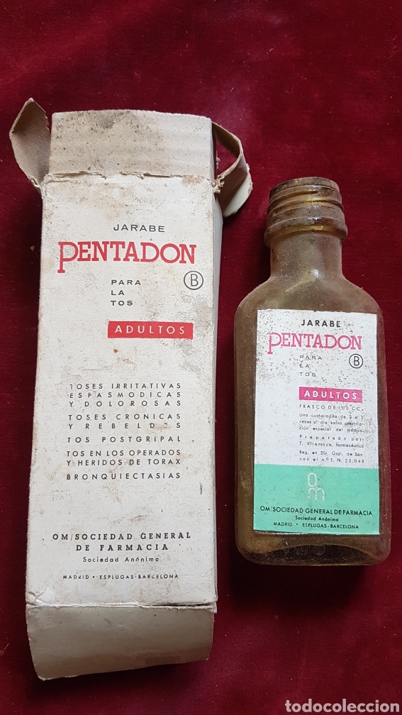 Botellas antiguas: Caja y botella jarabe tos Pentadon - Foto 1