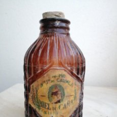 Botellas antiguas: ANTIGUA BOTELLA TARRO DE MIEL DE CAÑA LA TORRE VIRGEN DEL CARMEN FRIGILIANA MÁLAGA CRISTAL ÁMBAR. Lote 284654248