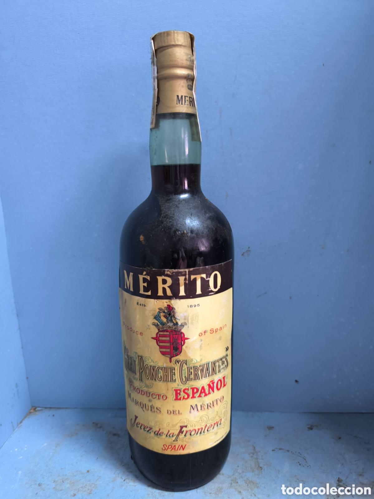 Botellas antiguas: Gran Ponche Cervantes, Marqu&eacute;s del M&eacute;rito - Foto 1