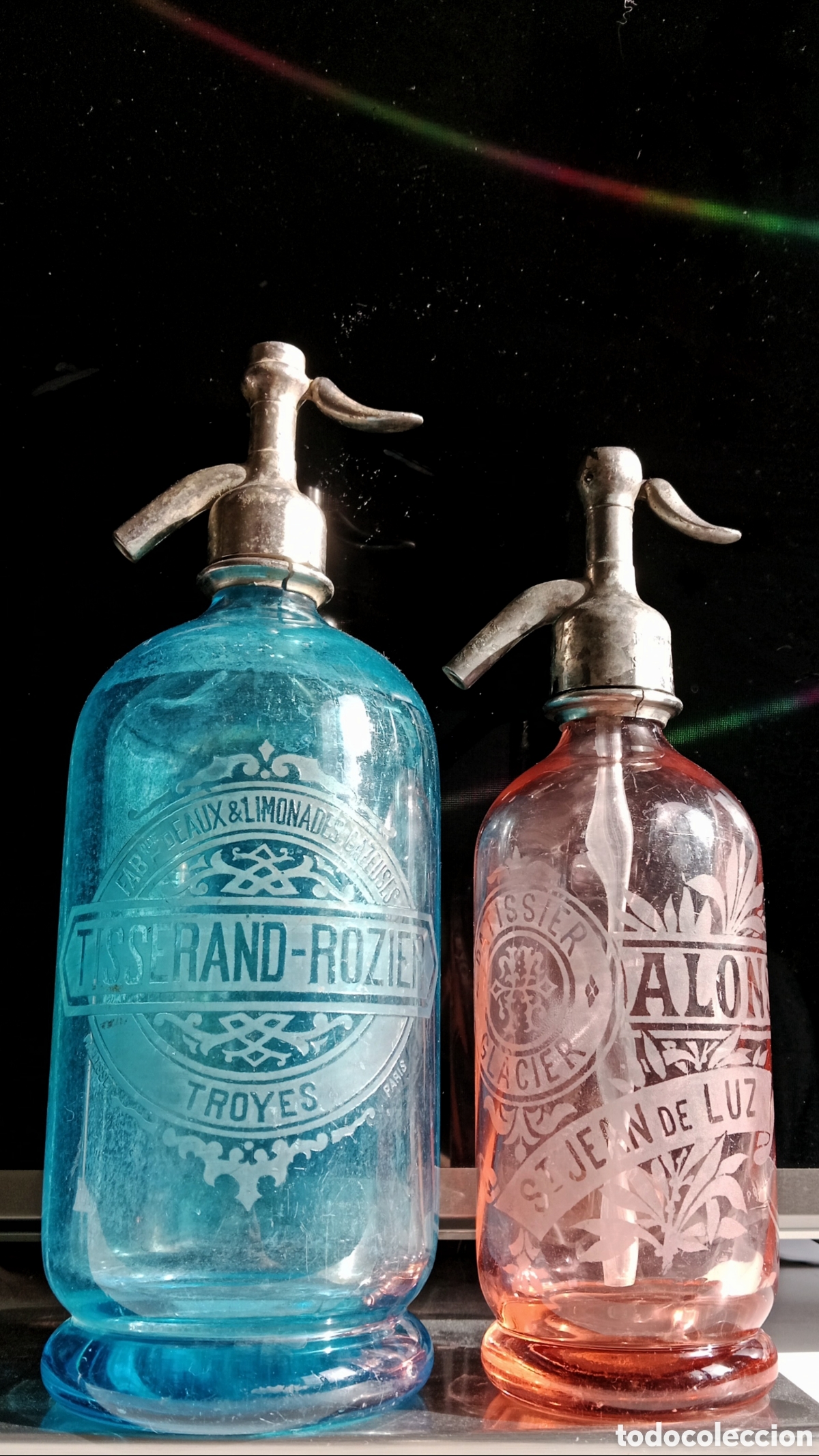 Botellas antiguas: Peque&ntilde;o Sif&oacute;n Franc&eacute;s SANT JEAN DE LUZ 1/2L. Raro. Rosa/Naranja Tap&oacute;n Plomo Original. Colecci&oacute;n.