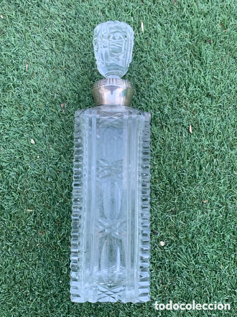 Botellas antiguas: Botella Cristal cuello labrada plata de ley - Foto 1