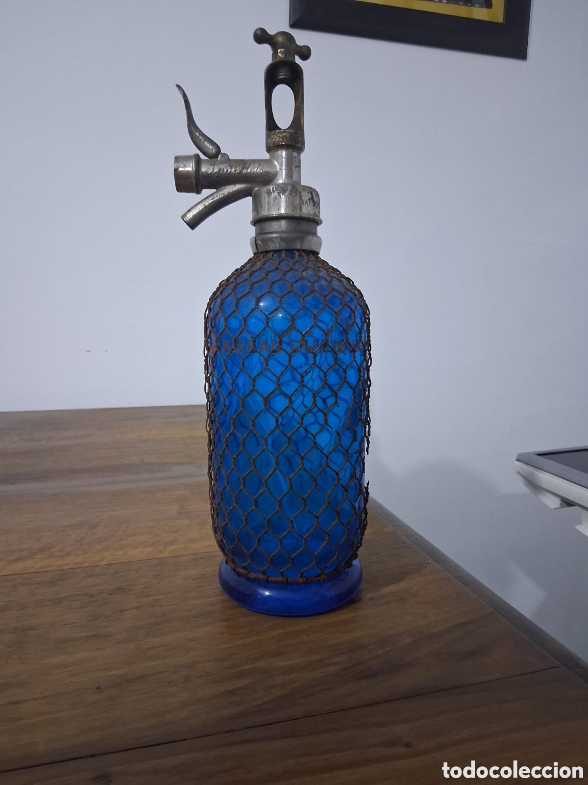 Botellas antiguas: Botella sifon de cristal azul Sparklets Niveau du liquide