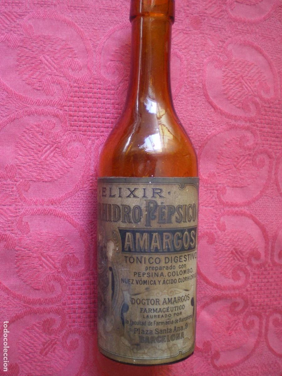 Botellas antiguas: ANTIGUA BOTELLA ELIXIR CL&Oacute;RHIDRO P&Eacute;PSICO. DOCTOR AMARG&Oacute;S. T&Oacute;NICO DIGESTIVO. BARCELONA.
