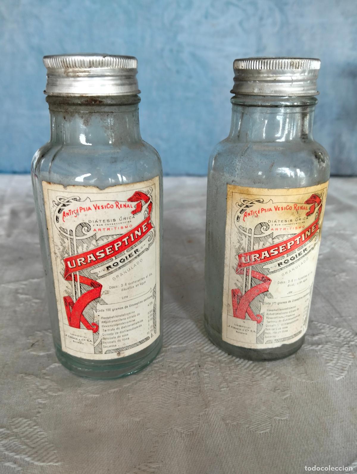 Botellas antiguas: Lote 2 botes frascos cristal antiguos uraseptine rogier antisepsia vesico renal granulado medicina