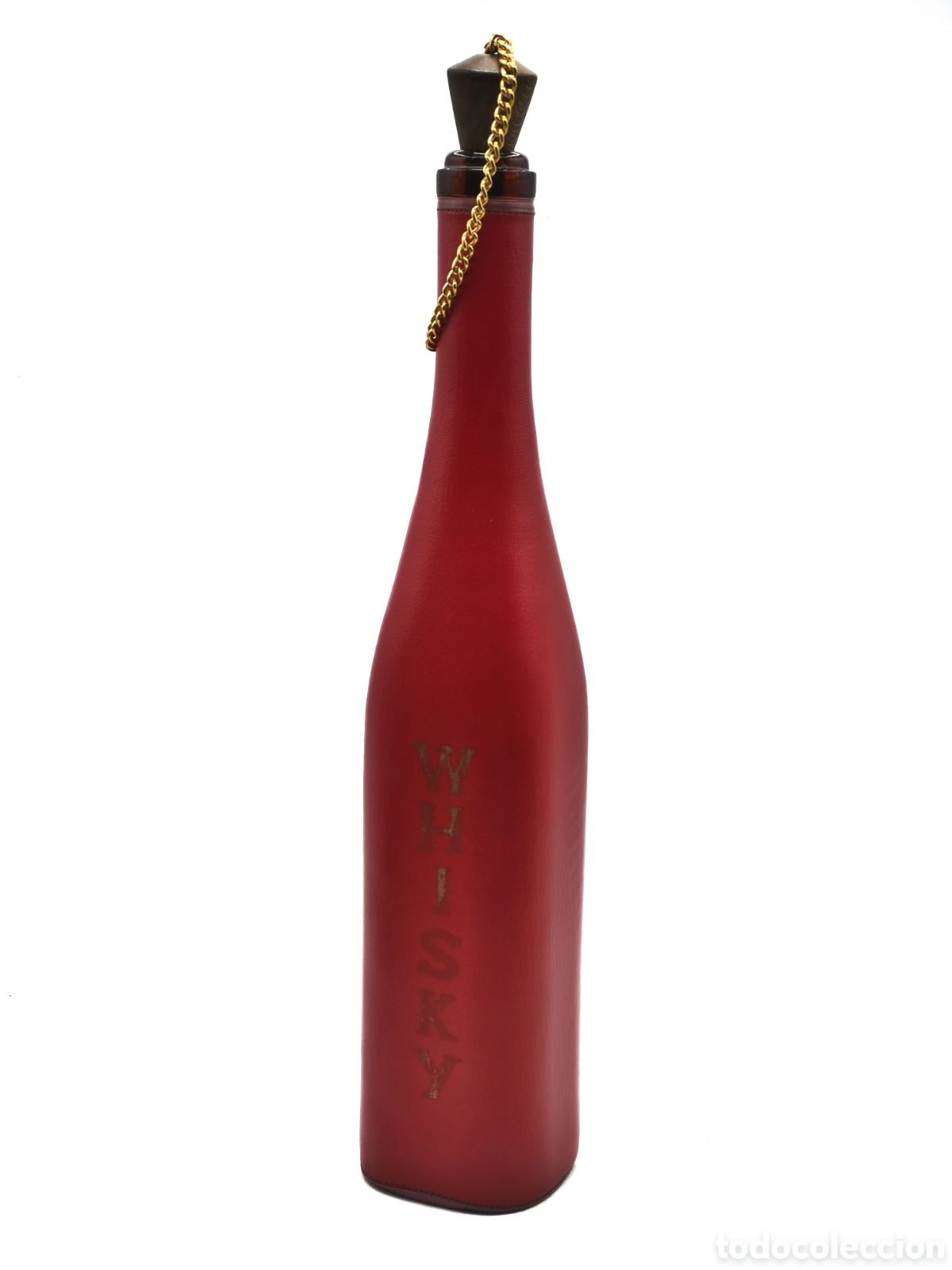 Botellas antiguas: BOTELLA ANTIGUA DE VIDRIO PARA LICOR CORRADA DE CUERO ROJO
