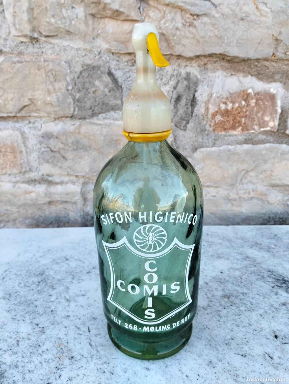 Botellas antiguas: Botella de cristal sif&oacute;n antiguo color verde transparente sif&oacute;n higi&eacute;nico comis molins de rey