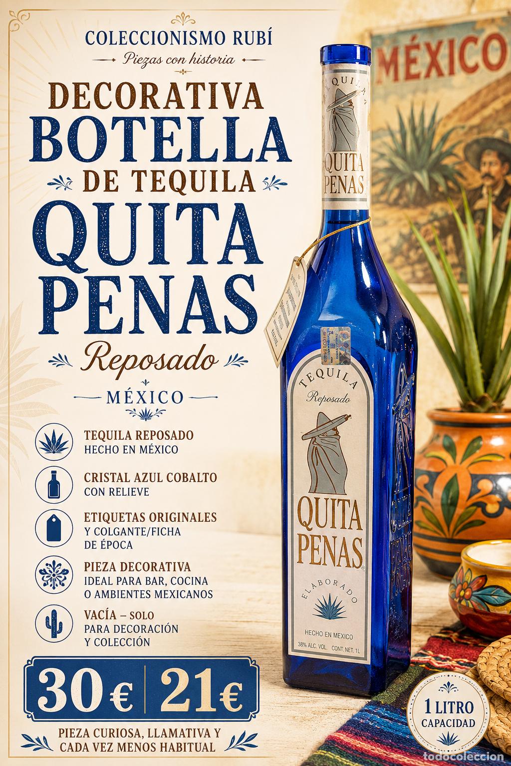 Botellas antiguas: DECORATIVA BOTELLA TEQUILA QUITA PENAS REPOSADO | M&Eacute;XICO | AZUL COBALTO | RELIEVE | 1 L