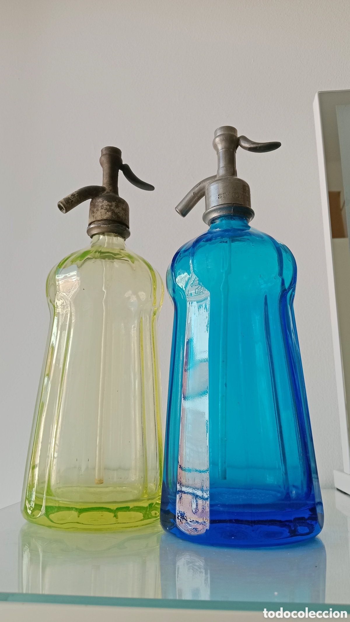 Botellas antiguas: Antiguo Sif&oacute;n de Colecci&oacute;n Franc&eacute;s. Verde/Amarillo Ouraline. Modelo Marquesa 1938