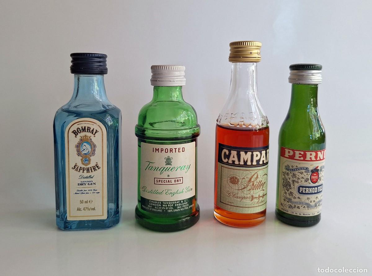 Botellas antiguas: Lote de 4 botellitas miniaturas Gin y Aperitivos: Bombay Sapphire, Tanqueray, Campari, Pernod