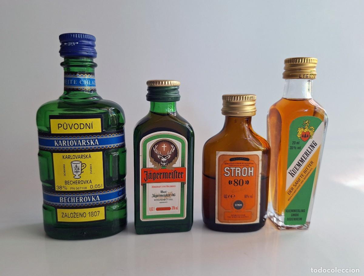 Botellas antiguas: Lote de 4 botellitas miniaturas Licores de Hierbas: J&auml;germeister, Becherovka, Stroh