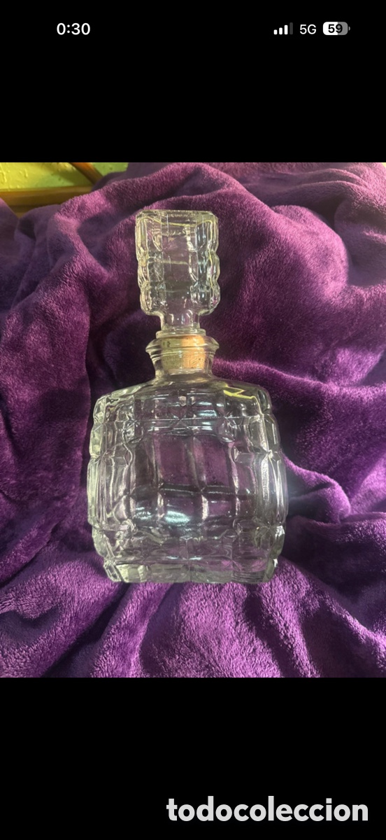 Botellas antiguas: Botella Licorera Decantador Vintage Cristal Prensado A&ntilde;os 60/70 Patr&oacute;n Rejilla Cubos Con Tap&oacute;n