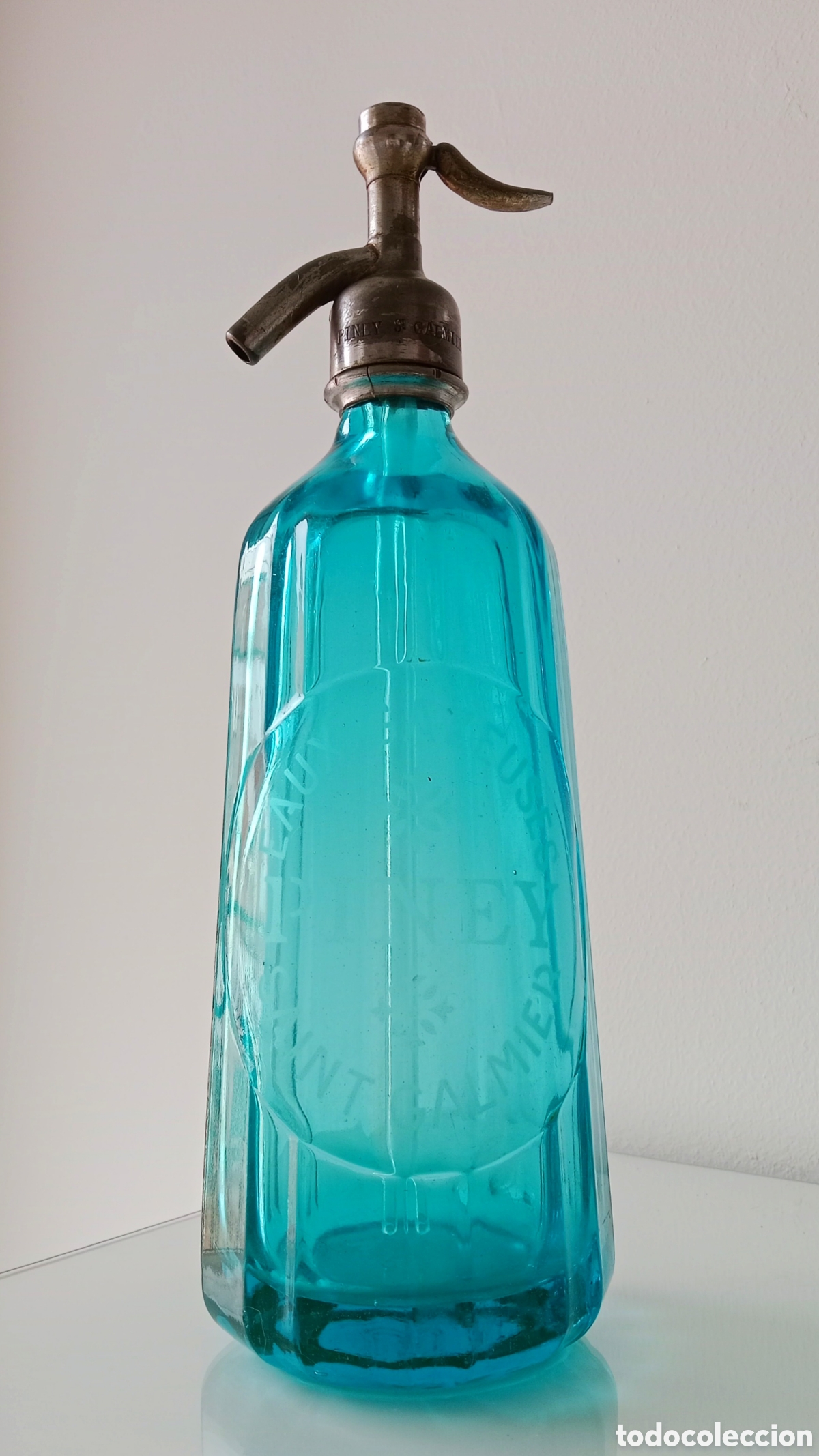 Botellas antiguas: Antiguo Sif&oacute;n Piramidal Azul Cian, GALMIER PINEY LYON