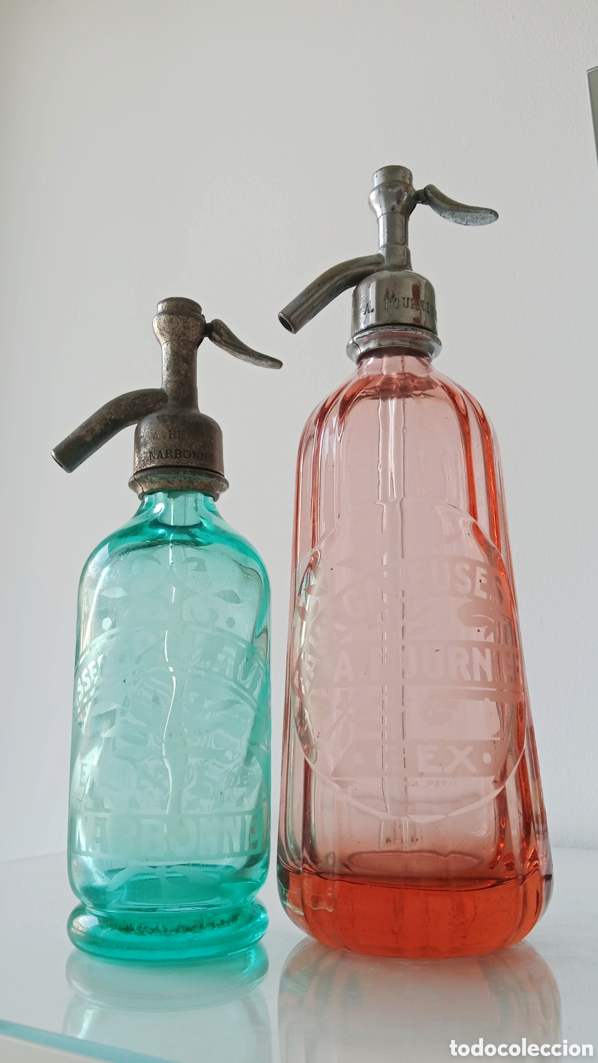 Botellas antiguas: Perque&ntilde;o Sif&oacute;n Franc&eacute;s de Colecci&oacute;n. Azul Turquesa NARBONNE gravado al &Aacute;cido. 1/4 Litros Ouraline.