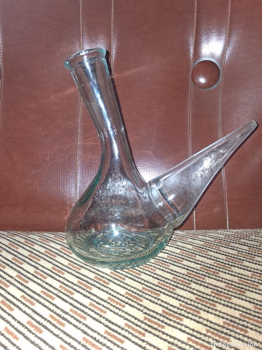 Botellas antiguas: Botijo piporro porron antiguo de cristal soplado transparente botella vino bodega