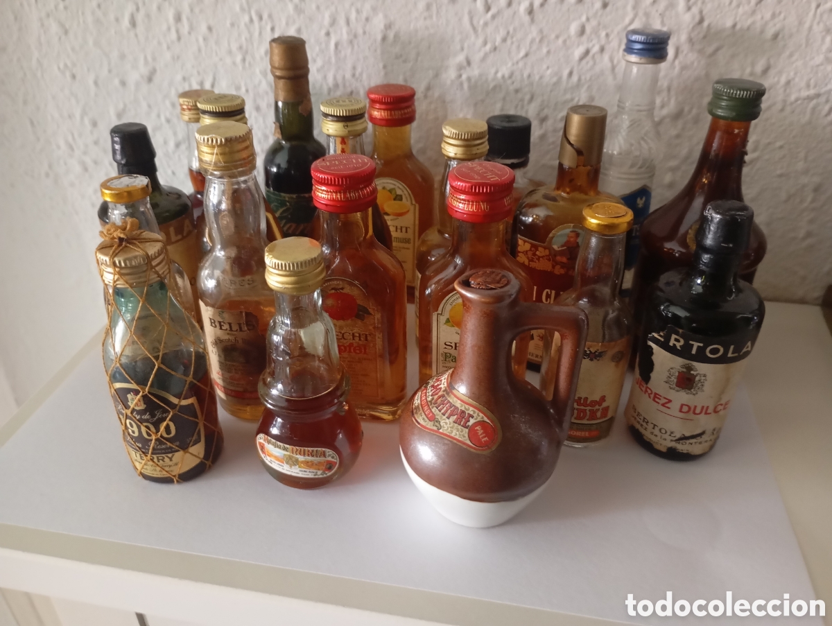 Botellas antiguas: 20 Botellines Brandy Ratafia Jerez Licor Vodka Whisky Torres Bonet Terry Bertola Sorel Disaronno ..