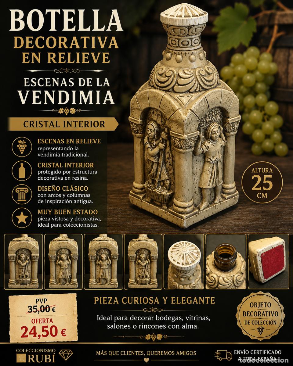 Botellas antiguas: BOTELLA DECORATIVA EN RELIEVE | ESCENAS DE LA VENDIMIA | CRISTAL INTERIOR | 25 CM